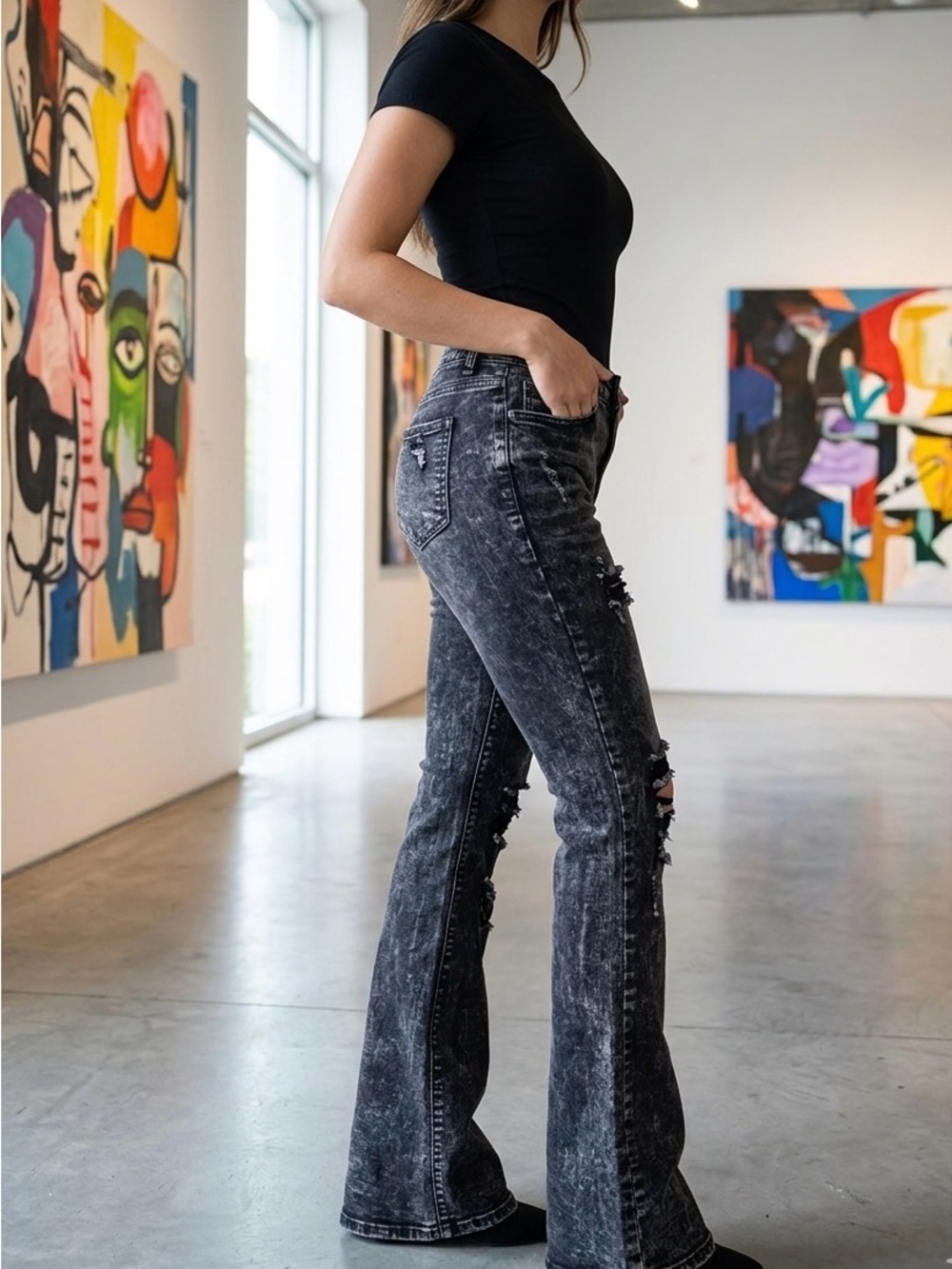 High-Rise Black Acid-Wash Flare Jeans